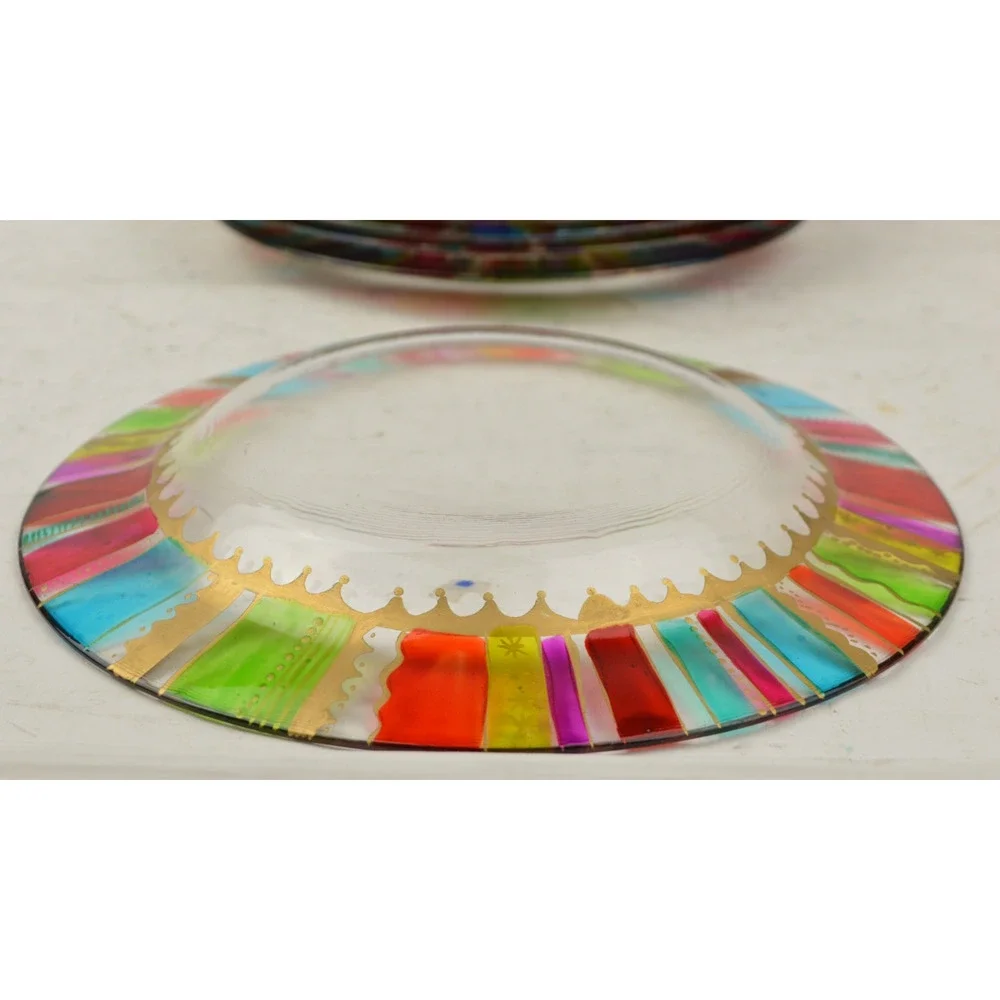 Pier 1 Festive Stripe Rainbow Gold Accents Glass Salad Plates 8.25